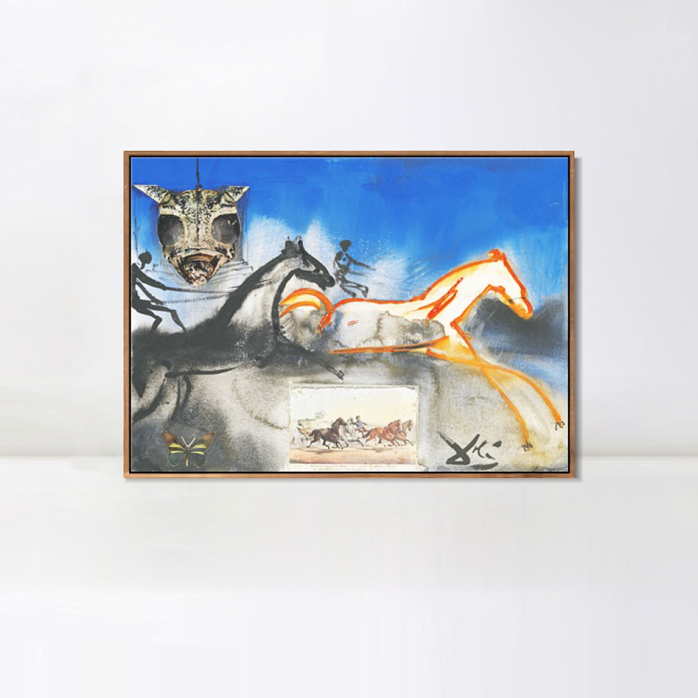 INVIN ART Framed Canvas American Trotting Horses No. 2 (Currier And Ives) 1971 by Salvador Dal Wall Art Living Room Home Office Decorations