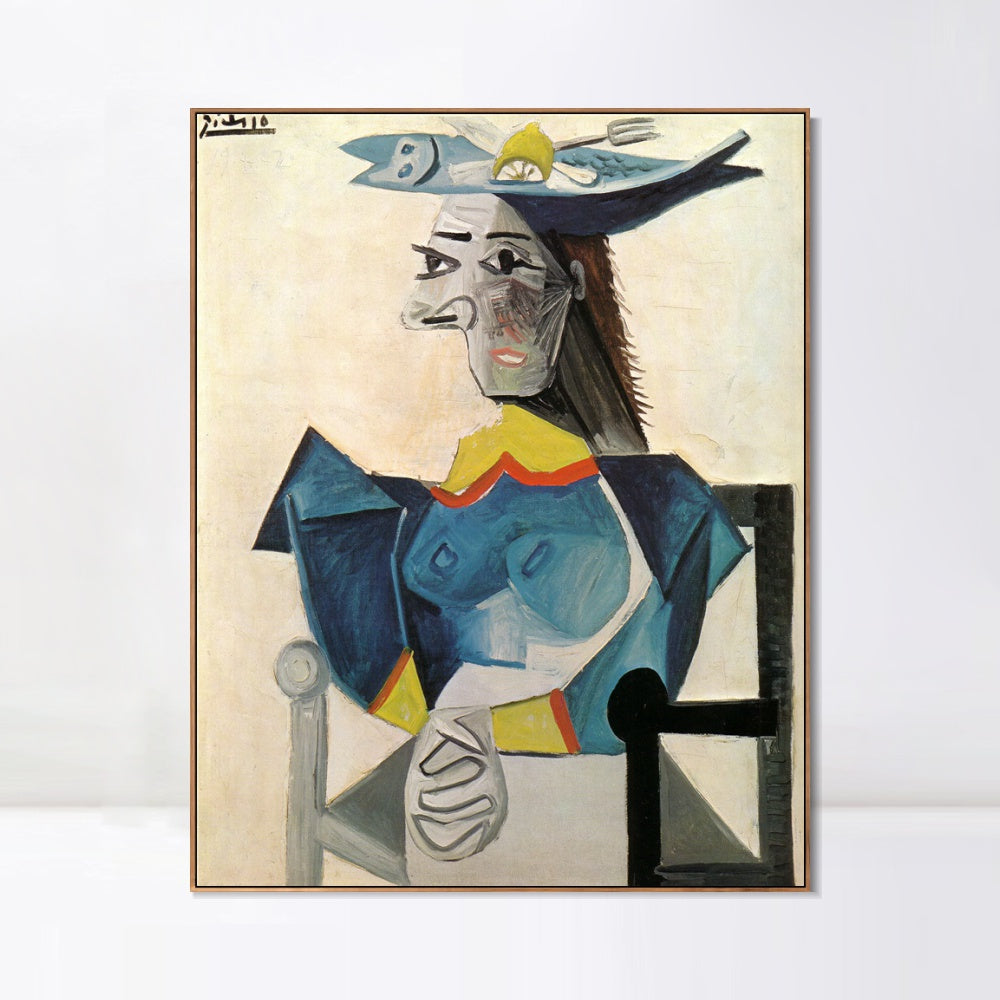 INVIN ART Framed Canvas Giclee Print Art Woman sitting in hat-fish by Pablo Picasso Wall Art