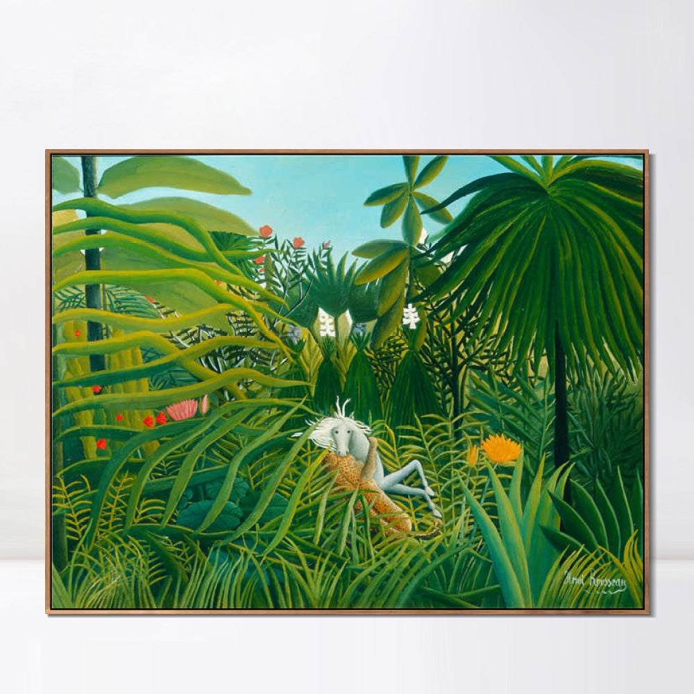 INVIN ART Framed Canvas Giclee Print Art Jaguar Attacking A Horse by Henri Rousseau Wall Art