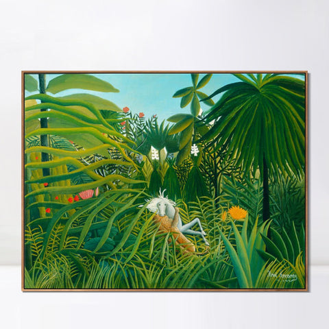 INVIN ART Framed Canvas Giclee Print Art Jaguar Attacking A Horse by Henri Rousseau Wall Art Living Room Home Office Decorations