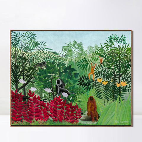 INVIN ART Framed Canvas Giclee Print Art Tropical Forest Monkeys by Henri Rousseau Wall Art Living Room Home Office Decorations