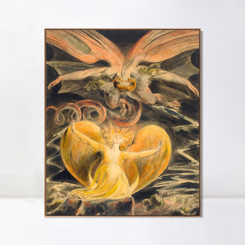 INVIN ART Framed Canvas Giclee Print Art Great RED Dragon Woman Clothed Sun by William Blake Wall Art Living Room Home Office Decorations
