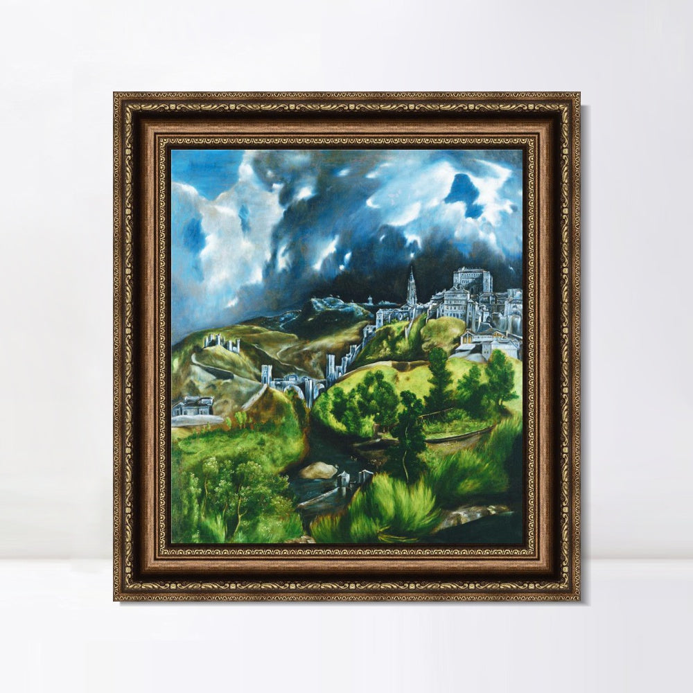INVIN ART Framed Canvas Art Giclee Print View of Toledo by El Greco Wall Art