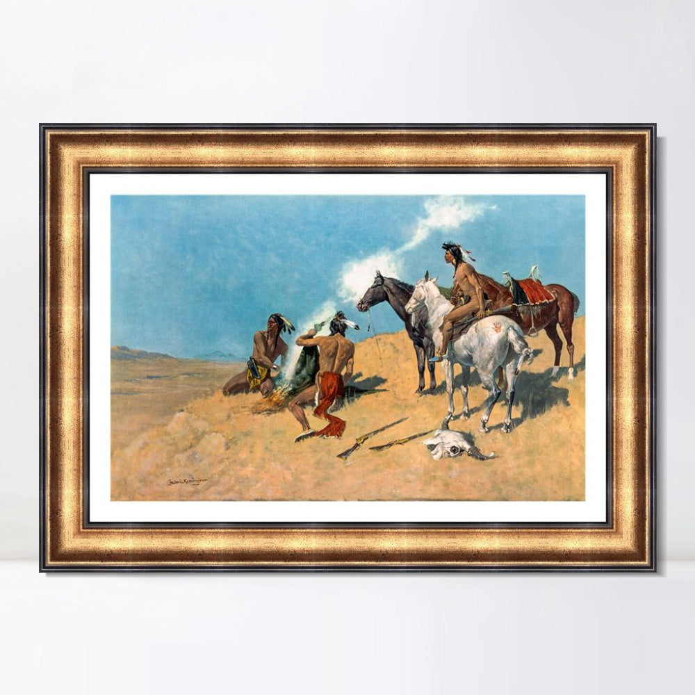 INVIN ART Framed Canvas Art Giclee Print The Smoke Signal by Frederic Remington Wall Art