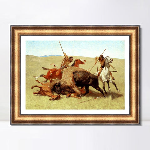 INVIN ART Framed Canvas Art Giclee Print The Buffalo Hunt by Frederic Remington Wall Art Living Room Home Office Decorations