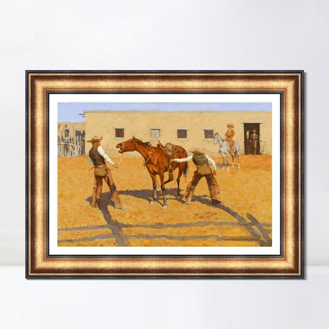 INVIN ART Framed Canvas Art Giclee Print His First Leson, 1903 by Frederic Remington Wall Art Living Room Home Office Decorations