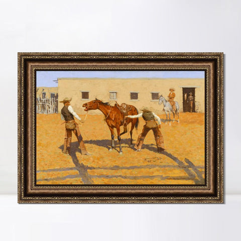 INVIN ART Framed Canvas Art Giclee Print His First Leson, 1903 by Frederic Remington Wall Art Living Room Home Office Decorations