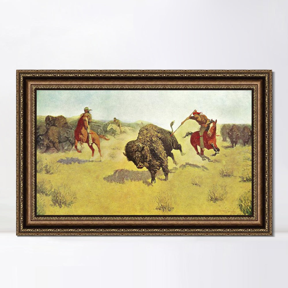 INVIN ART Framed Canvas Art Giclee Print Buffalo Runners by Frederic Remington Wall Art