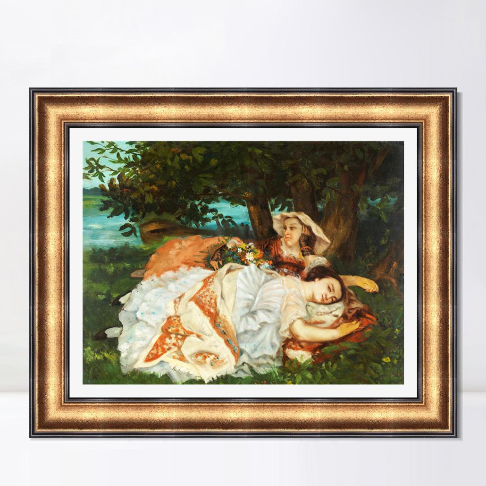 INVIN ART Framed Canvas Art Giclee Print Fanciulle sulla riva della Senna (1857) by Gustave Courbet Wall Art