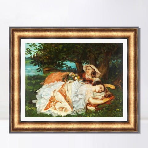 INVIN ART Framed Canvas Art Giclee Print Fanciulle sulla riva della Senna (1857) by Gustave Courbet Wall Art Living Room Home Office Decorations