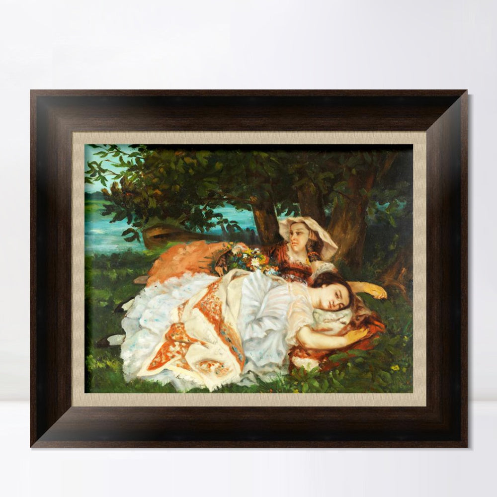 INVIN ART Framed Canvas Art Giclee Print Fanciulle sulla riva della Senna (1857) by Gustave Courbet Wall Art