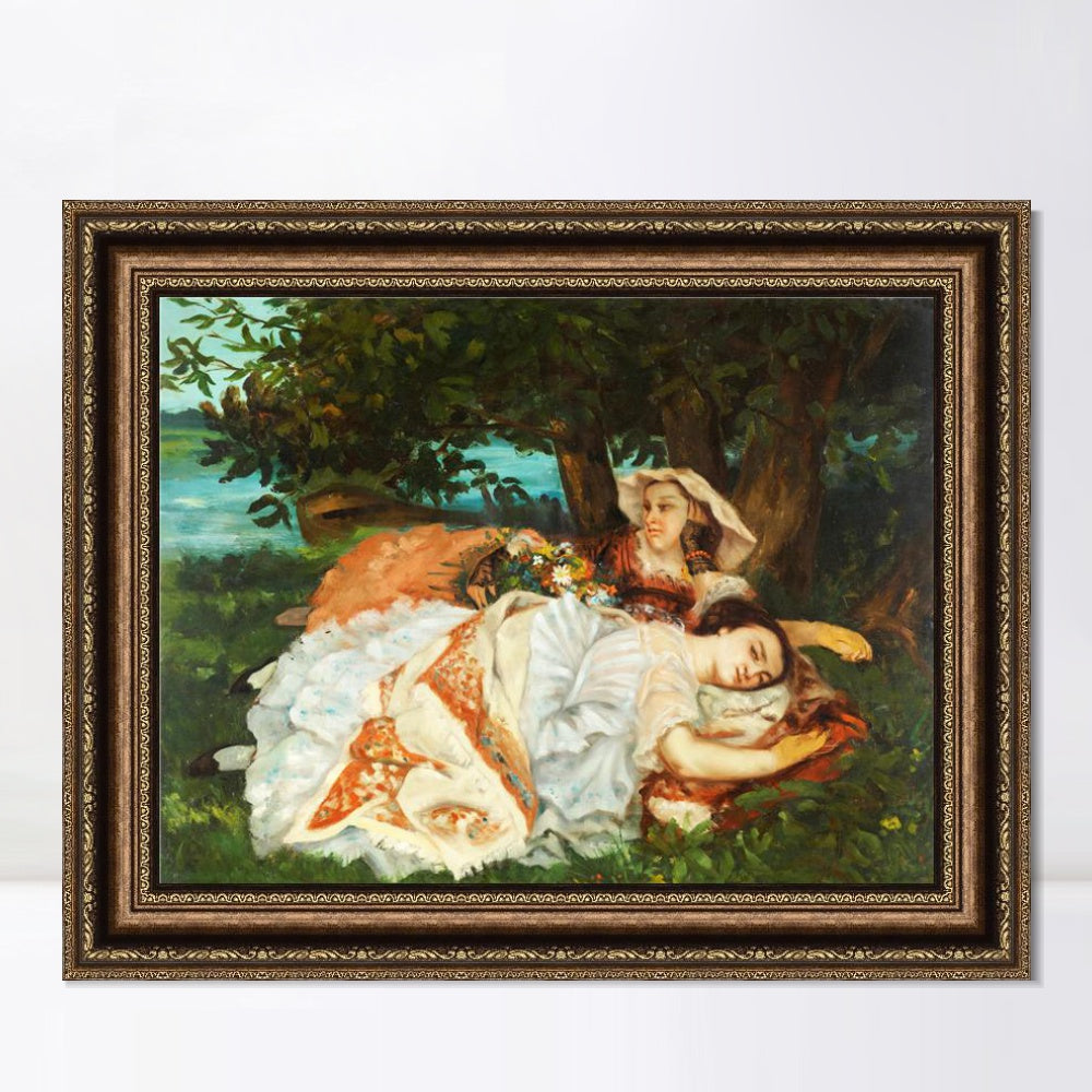 INVIN ART Framed Canvas Art Giclee Print Fanciulle sulla riva della Senna (1857) by Gustave Courbet Wall Art
