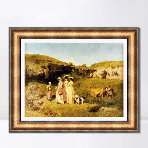 INVIN ART Framed Canvas Art Giclee Fanciulle del villaggio (1851) by Gustave Courbet Wall Art Living Room Home Office Decorations