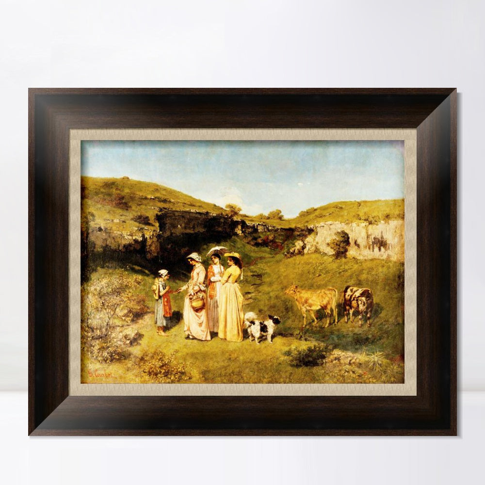 INVIN ART Framed Canvas Art Giclee Fanciulle del villaggio (1851) by Gustave Courbet Wall Art