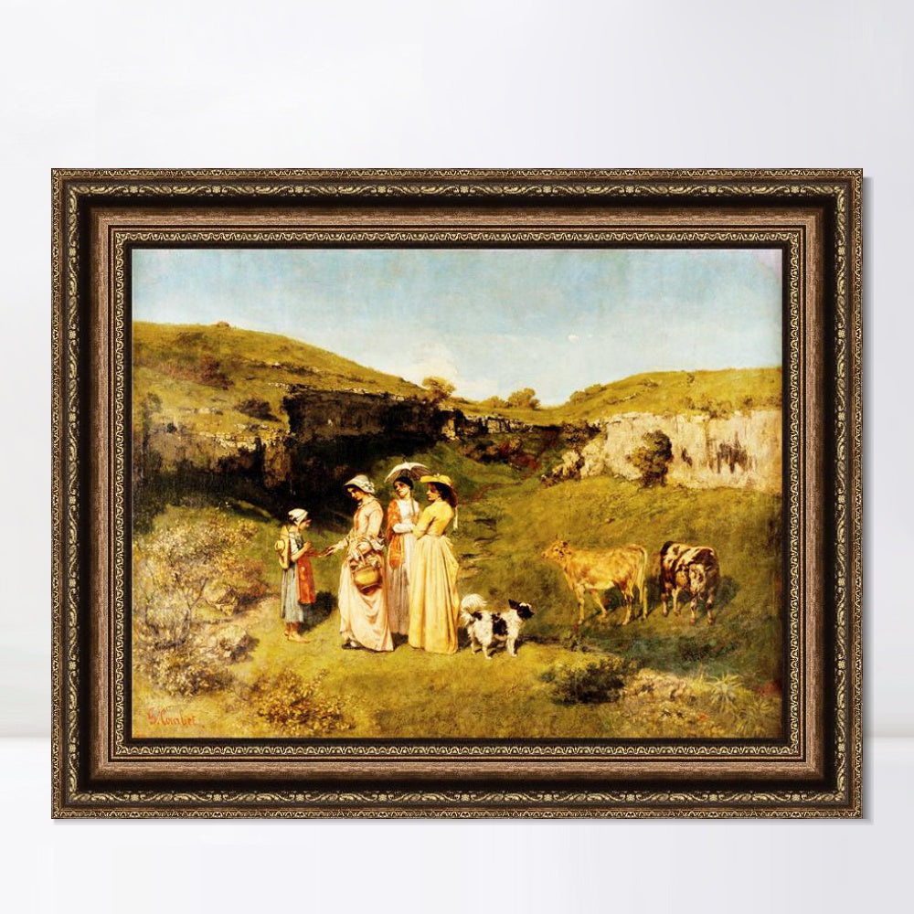 INVIN ART Framed Canvas Art Giclee Fanciulle del villaggio (1851) by Gustave Courbet Wall Art
