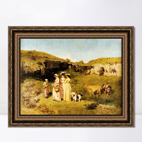 INVIN ART Framed Canvas Art Giclee Fanciulle del villaggio (1851) by Gustave Courbet Wall Art Living Room Home Office Decorations