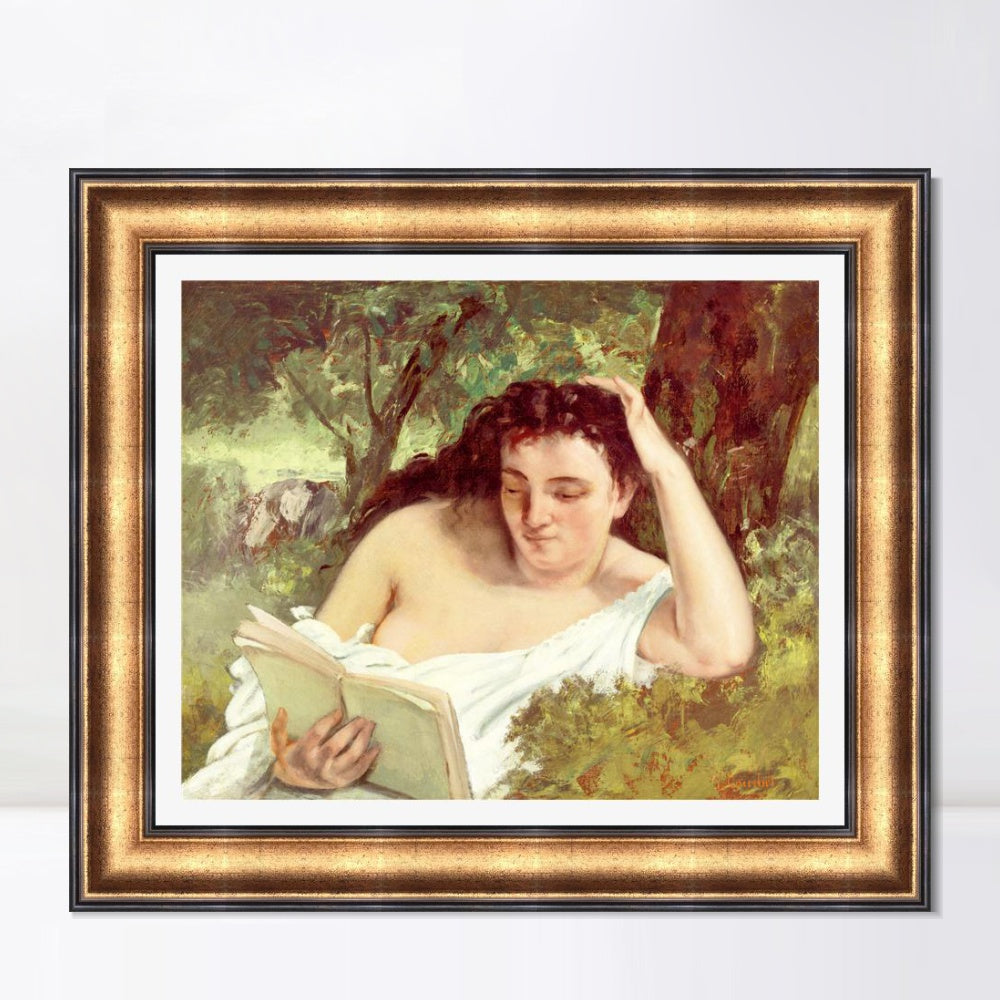 INVIN ART Framed Canvas Art Giclee Print A Young Woman Reading, c. 1866-1868 by Gustave Courbet Wall Art