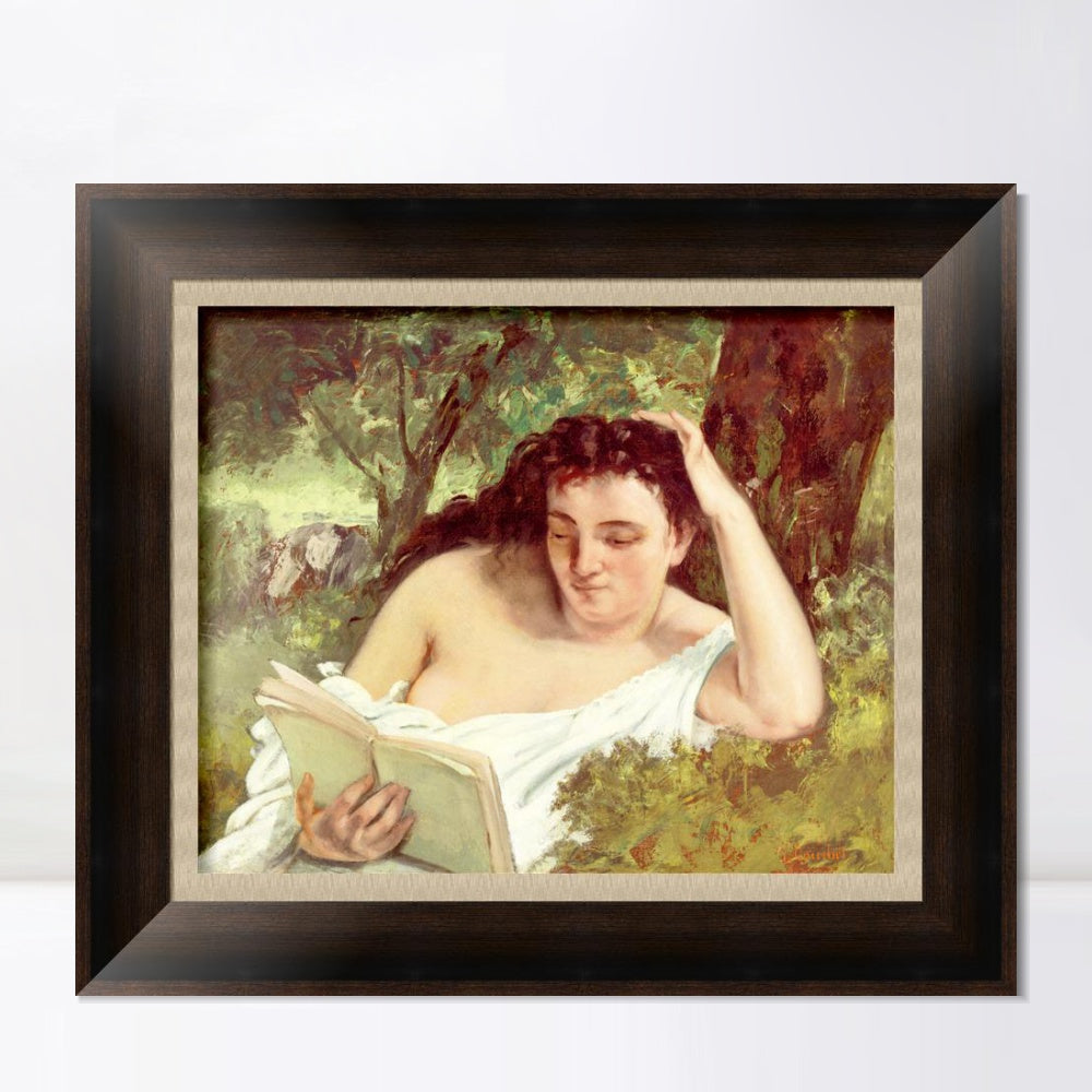 INVIN ART Framed Canvas Art Giclee Print A Young Woman Reading, c. 1866-1868 by Gustave Courbet Wall Art