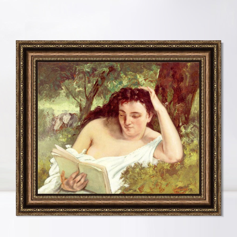 INVIN ART Framed Canvas Art Giclee Print A Young Woman Reading, c. 1866-1868 by Gustave Courbet Wall Art