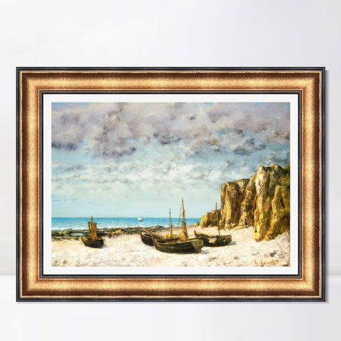 INVIN ART Framed Canvas Art Giclee Print Boats on a beach by Gustave Courbet Wall Art Living Room Home Office Decorations