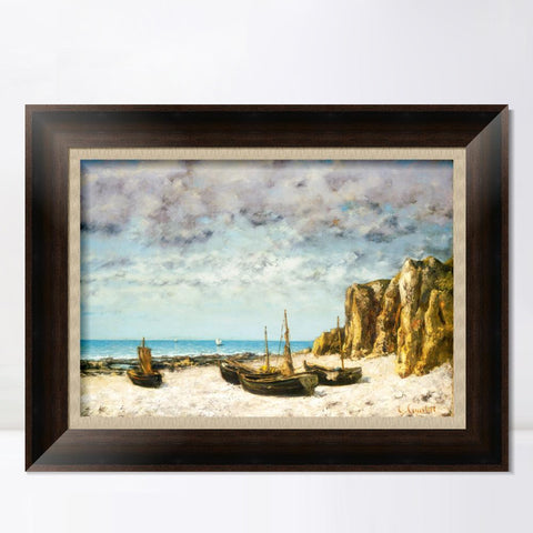 INVIN ART Framed Canvas Art Giclee Print Boats on a beach by Gustave Courbet Wall Art Living Room Home Office Decorations