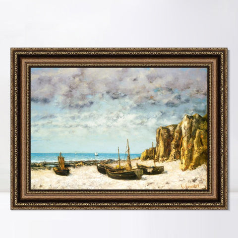 INVIN ART Framed Canvas Art Giclee Print Boats on a beach by Gustave Courbet Wall Art Living Room Home Office Decorations