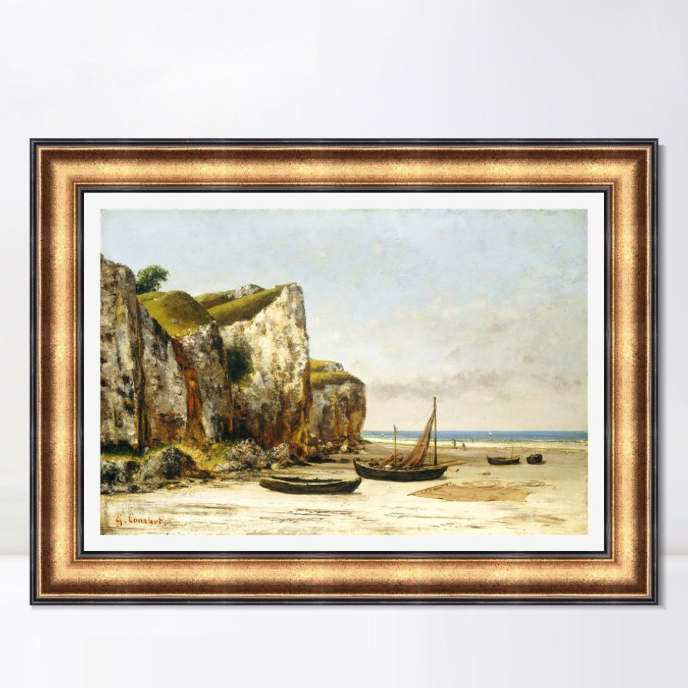 INVIN ART Framed Canvas Art Giclee Print Beach in Normandy by Gustave Courbet Wall Art (European Retro Golden Frame with Mat,28"x40")