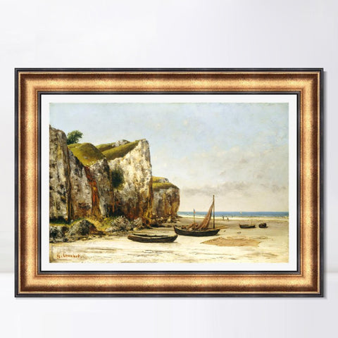 INVIN ART Framed Canvas Art Giclee Print Beach in Normandy by Gustave Courbet Wall Art Living Room Home Office Decorations(European Retro Golden Frame with Mat,28"x40")