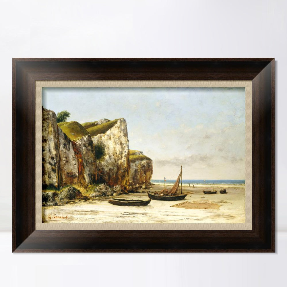 INVIN ART Framed Canvas Art Giclee Print Beach in Normandy by Gustave Courbet Wall Art (European Retro Golden Frame with Mat,28"x40")