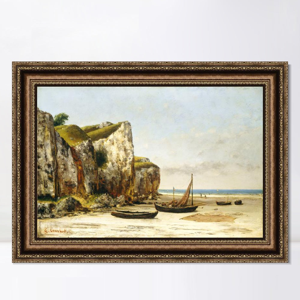 INVIN ART Framed Canvas Art Giclee Print Beach in Normandy by Gustave Courbet Wall Art (European Retro Golden Frame with Mat,28"x40")