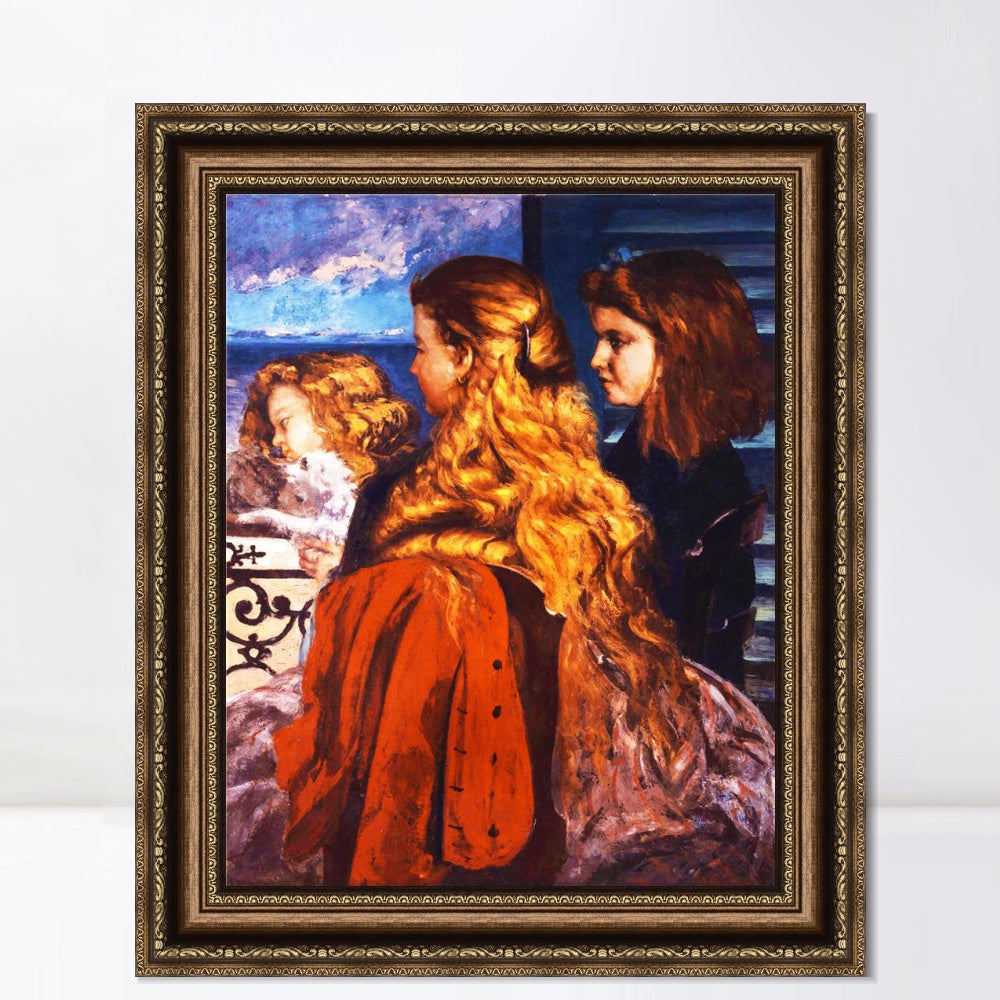 INVIN ART Framed Canvas Art Giclee Print Jeunes Anglaises by Gustave Courbet Wall Art