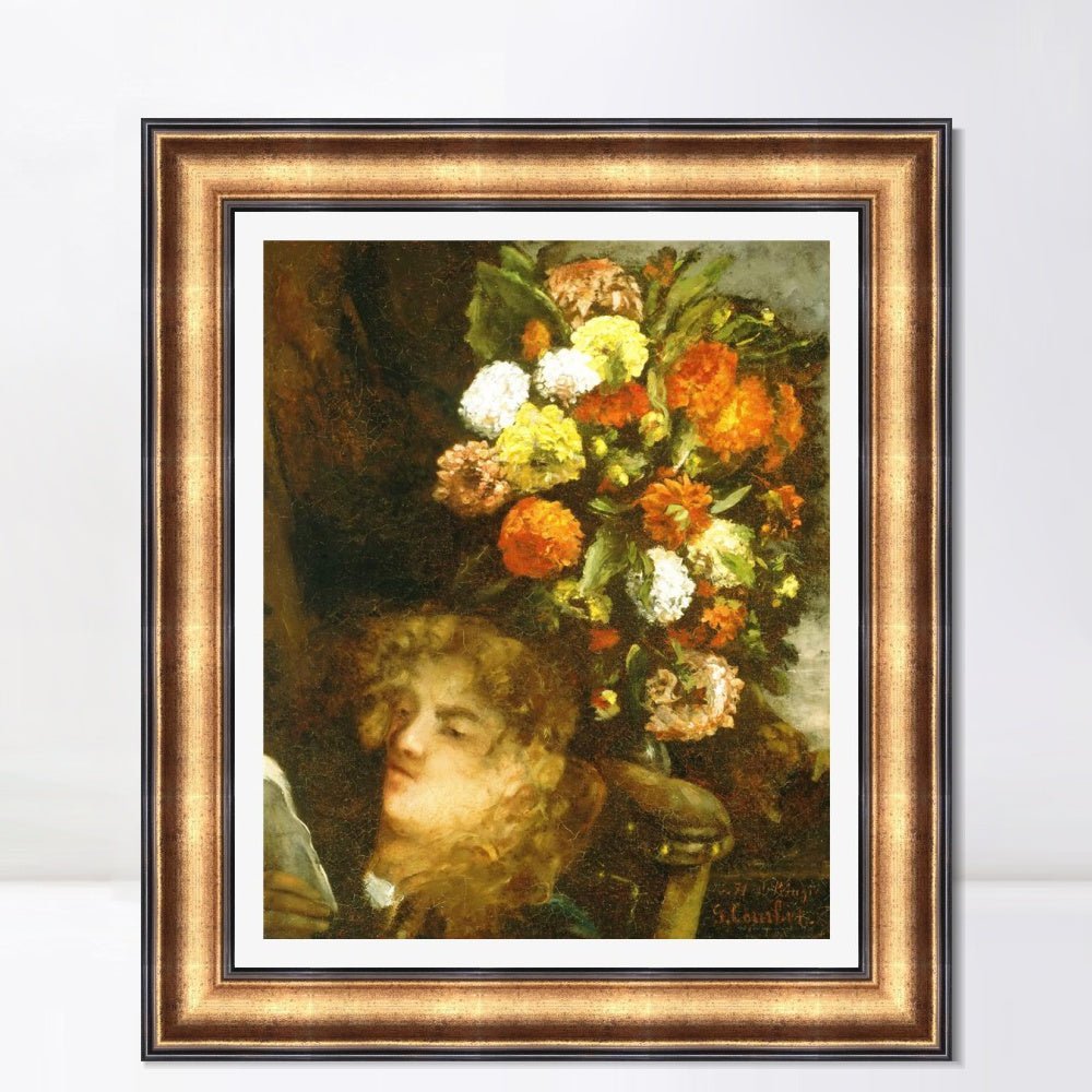 INVIN ART Framed Canvas Art Giclee Print Head of a Woman with Flowers by Gustave Courbet Wall Art