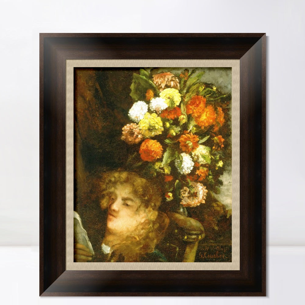 INVIN ART Framed Canvas Art Giclee Print Head of a Woman with Flowers by Gustave Courbet Wall Art