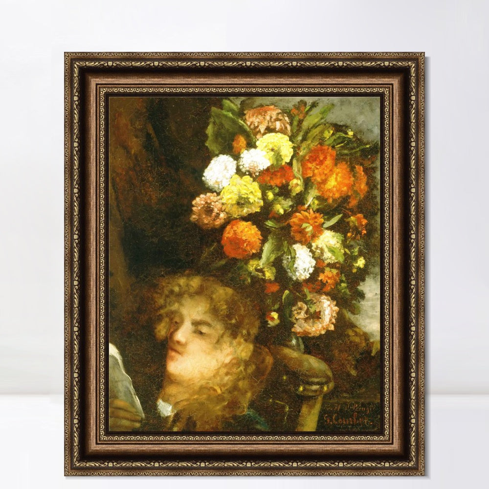 INVIN ART Framed Canvas Art Giclee Print Head of a Woman with Flowers by Gustave Courbet Wall Art