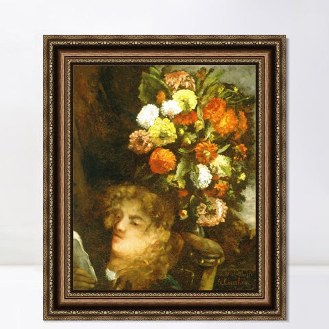 INVIN ART Framed Canvas Art Giclee Print Head of a Woman with Flowers by Gustave Courbet Wall Art Living Room Home Office Decorations