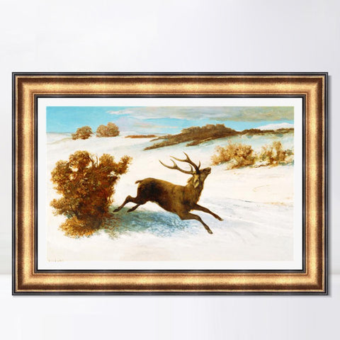INVIN ART Framed Canvas Art Giclee Print The deer running in the snow by Gustave Courbet Wall Art Living Room Home Office Decorations