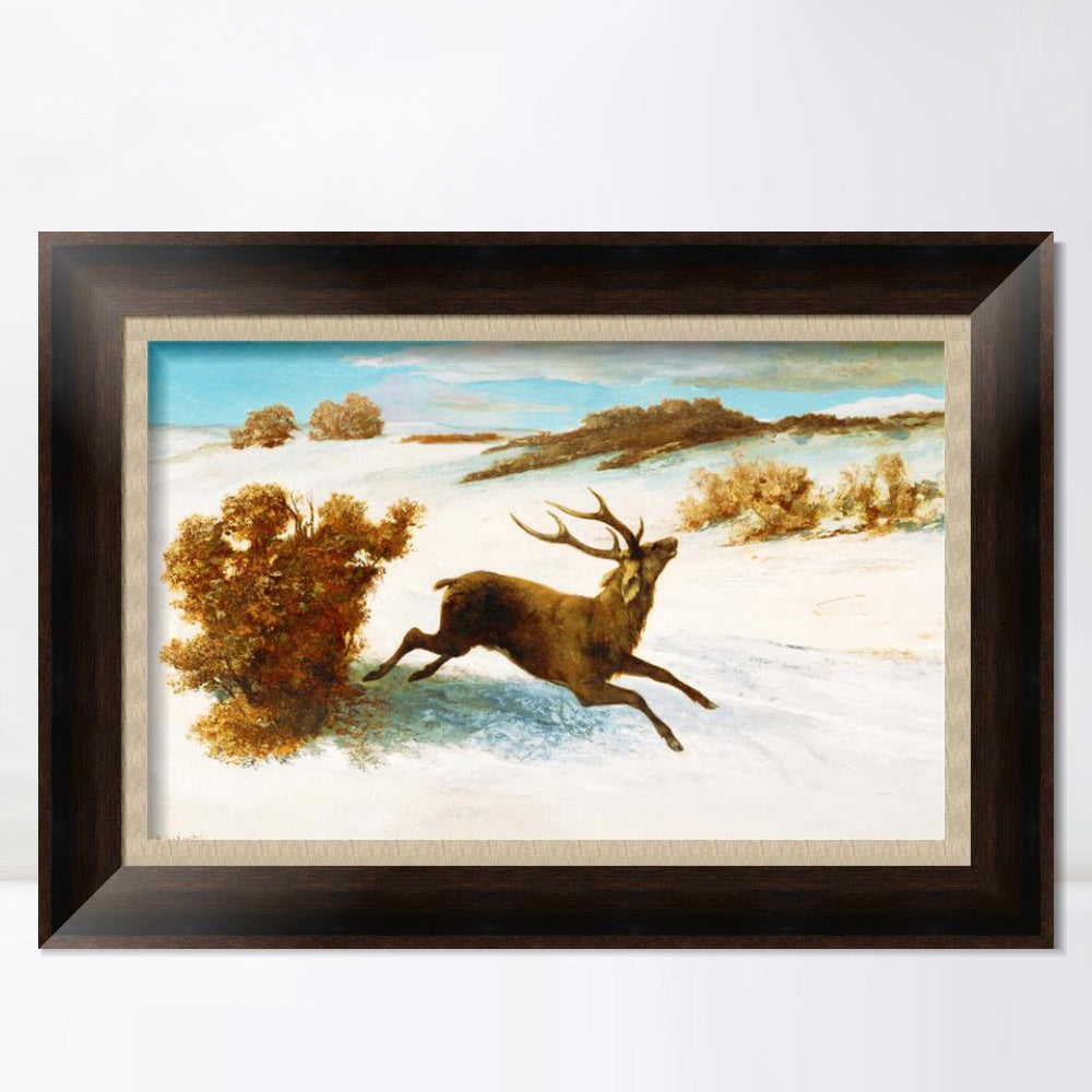 INVIN ART Framed Canvas Art Giclee Print The deer running in the snow by Gustave Courbet Wall Art