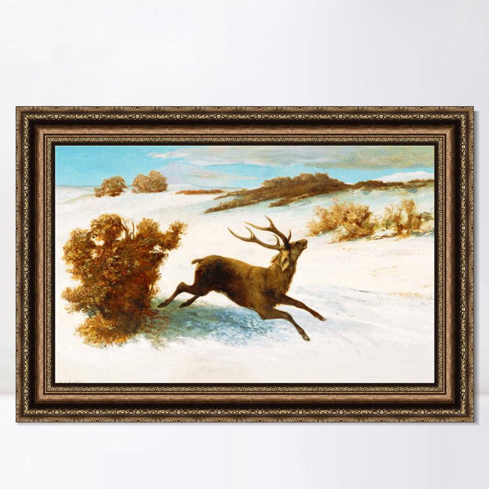 INVIN ART Framed Canvas Art Giclee Print The deer running in the snow by Gustave Courbet Wall Art