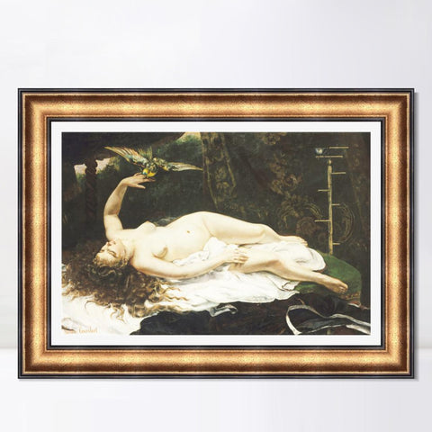 INVIN ART Framed Canvas Art Giclee Print Donna con pappagallo (1866) by Gustave Courbet Wall Art Living Room Home Office Decorations