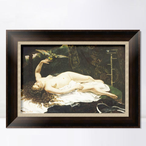INVIN ART Framed Canvas Art Giclee Print Donna con pappagallo (1866) by Gustave Courbet Wall Art Living Room Home Office Decorations