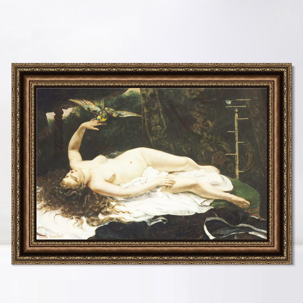 INVIN ART Framed Canvas Art Giclee Print Donna con pappagallo (1866) by Gustave Courbet Wall Art