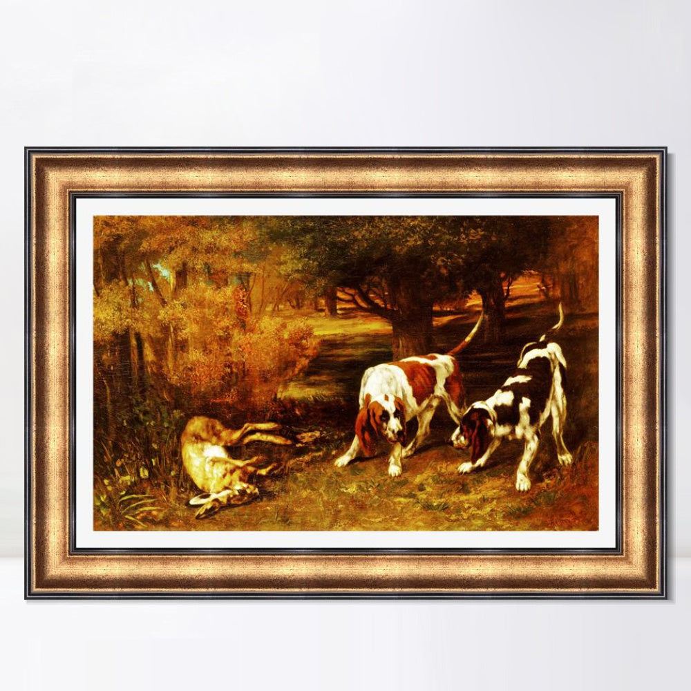 INVIN ART Framed Canvas Art Giclee Print Hunting Dogs by Gustave Courbet Wall Art