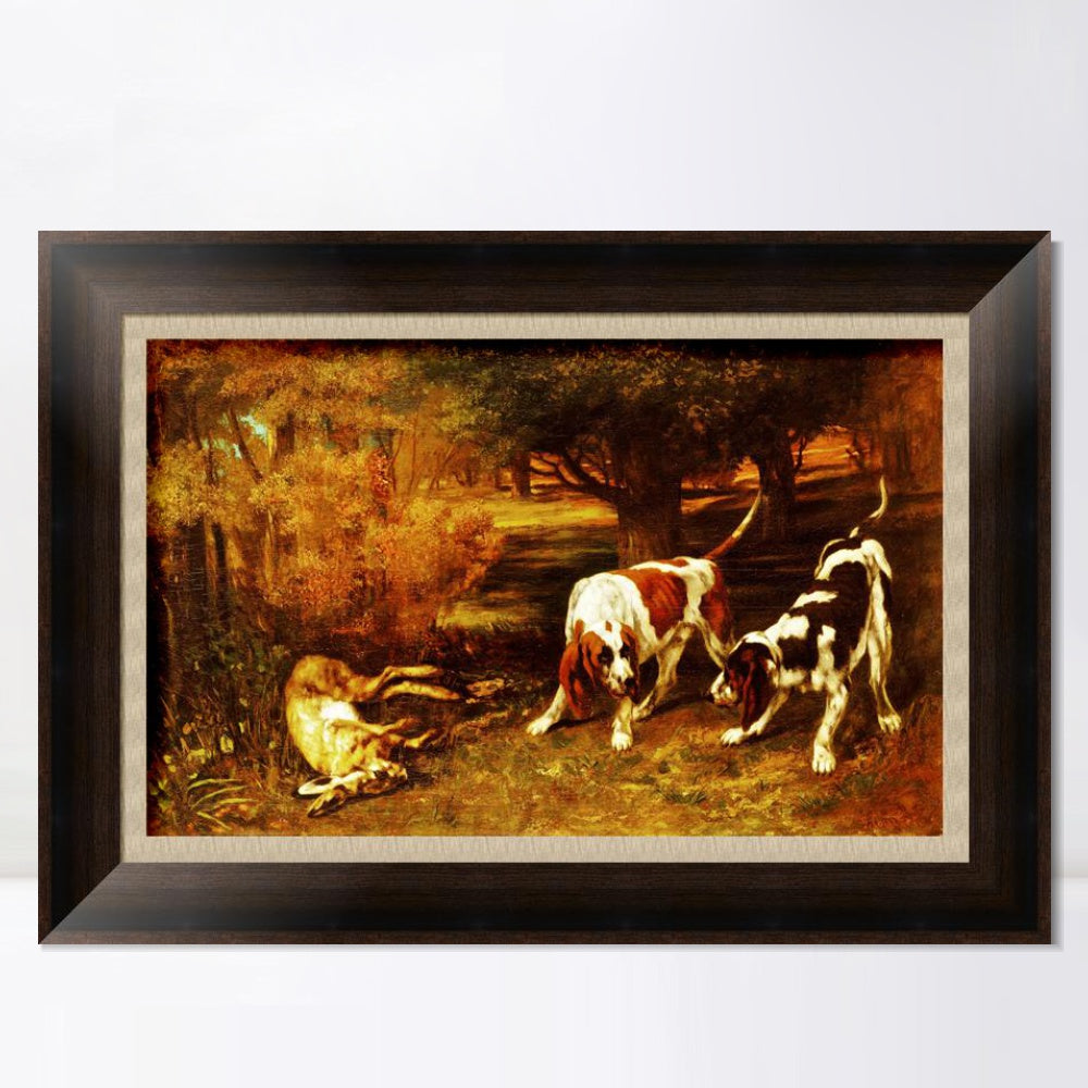 INVIN ART Framed Canvas Art Giclee Print Hunting Dogs by Gustave Courbet Wall Art