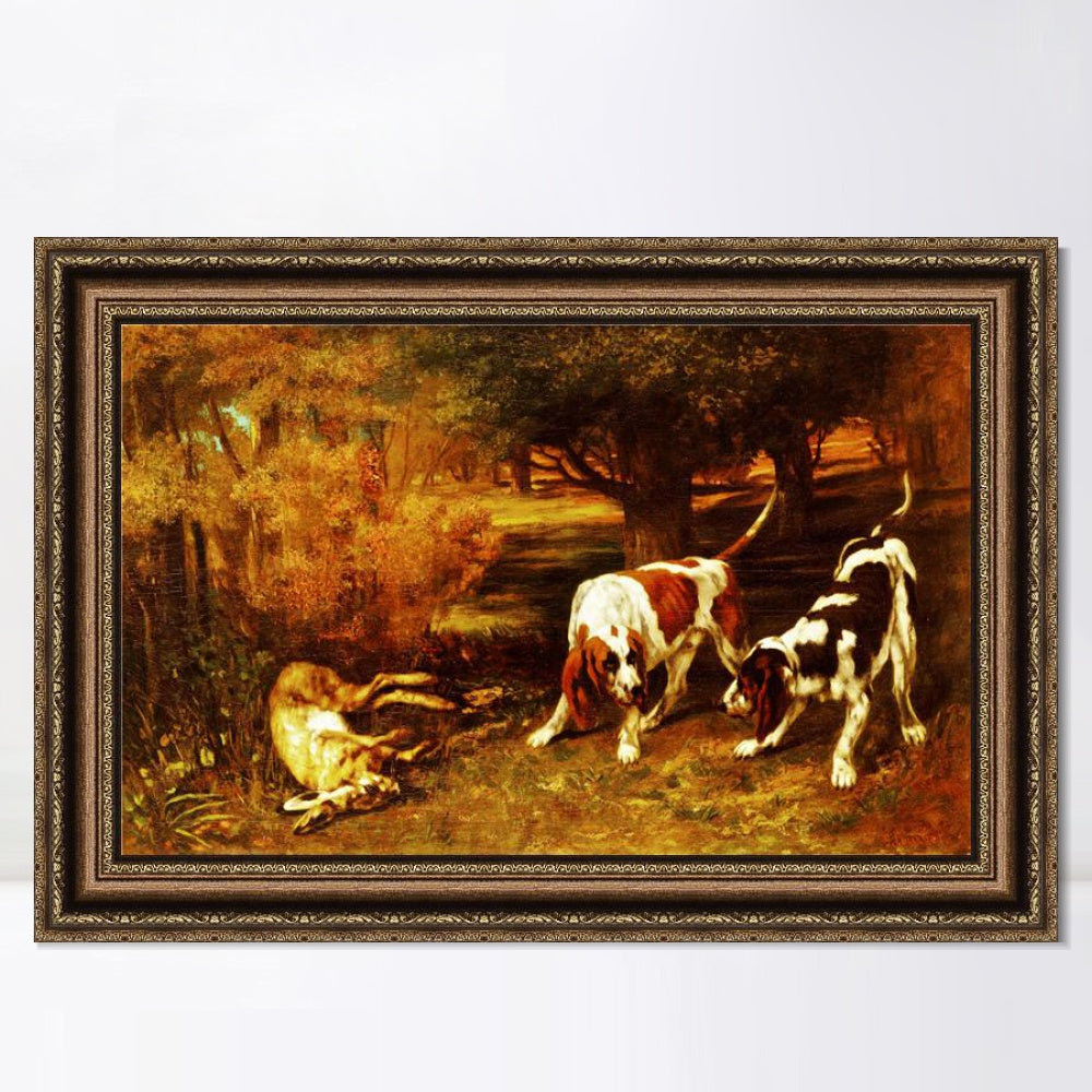 INVIN ART Framed Canvas Art Giclee Print Hunting Dogs by Gustave Courbet Wall Art