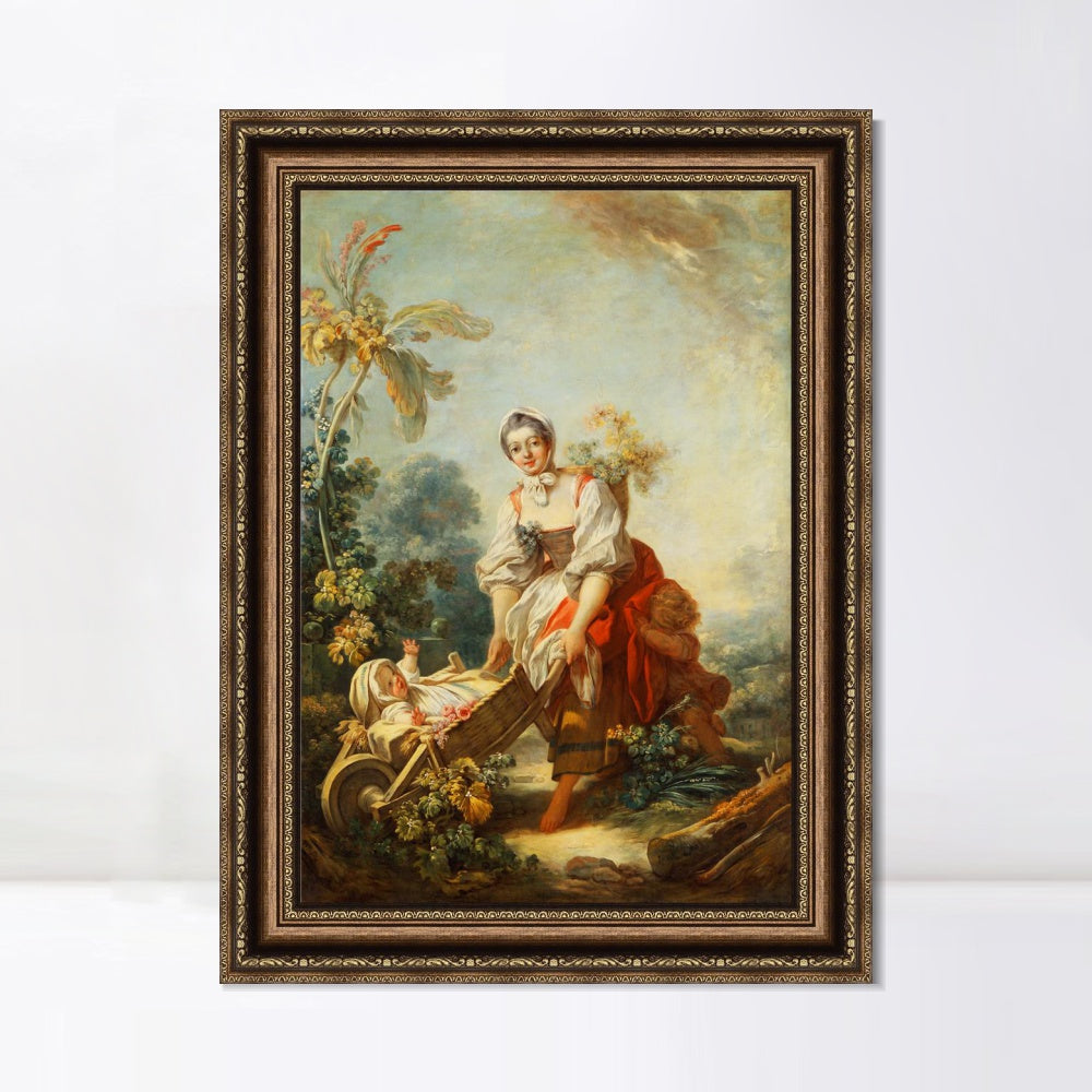 INVIN ART Framed Canvas Art Giclee Print The Joys of Motherhood by Jean Honore Fragonard Wall Art Living Room Home Office Decorations