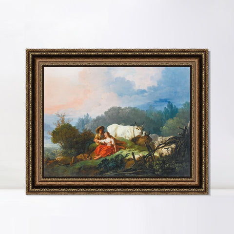 INVIN ART Framed Canvas Art Giclee Print PASTORAL LANDSCAPE WITH A SHEPHERD AND SHEPHERDESS AT REST by Jean Honore Fragonard Wall Art Living Room Home Office Decorations