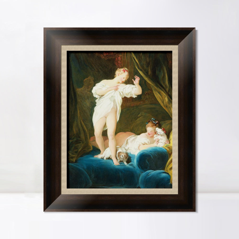INVIN ART Framed Canvas Art Giclee Print TWO GIRLS ON A BED PLAYING WITH THEIR DOGS by Jean Honore Fragonard Wall Art Living Room Home Office Decorations
