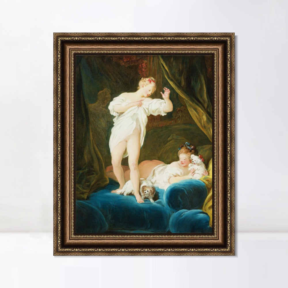 INVIN ART Framed Canvas Art Giclee Print TWO GIRLS ON A BED PLAYING WITH THEIR DOGS by Jean Honore Fragonard Wall Art Living Room Home Office Decorations