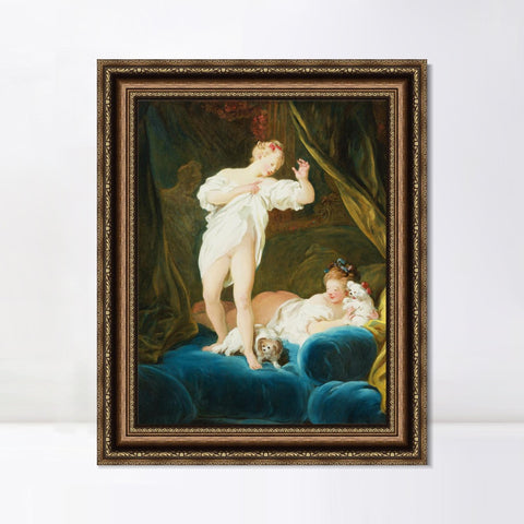 INVIN ART Framed Canvas Art Giclee Print TWO GIRLS ON A BED PLAYING WITH THEIR DOGS by Jean Honore Fragonard Wall Art Living Room Home Office Decorations