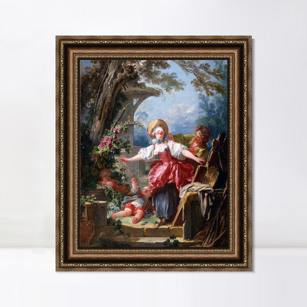 INVIN ART Framed Canvas Art Giclee Print Blind Man's Buff#2 by Jean Honore Fragonard Wall Art Living Room Home Office Decorations